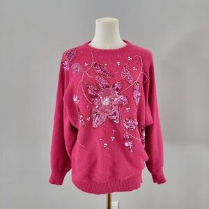 90s Pink Sequin Embellished Sweater Floral Glam Statement Knit M